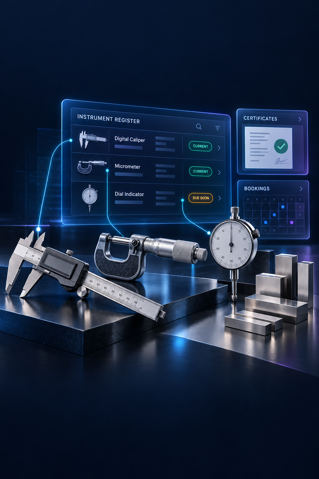 Precision caliper, micrometer, dial indicator and gauge blocks connected to an illustrative digital instrument register